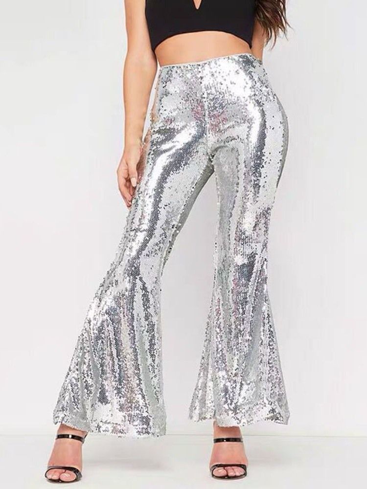 Calça Lurex Bellbottoms Feminina Solta Comprida Casual