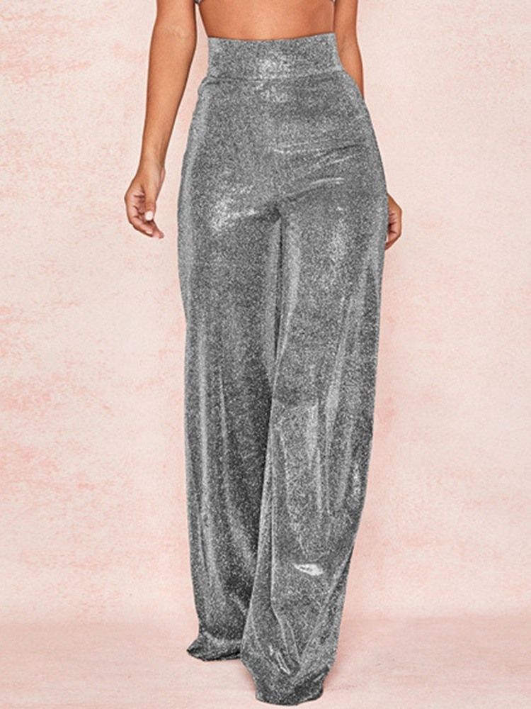 Calça Lurex Lurex Solta De Cintura Alta E Cintura Completa Feminina Casual