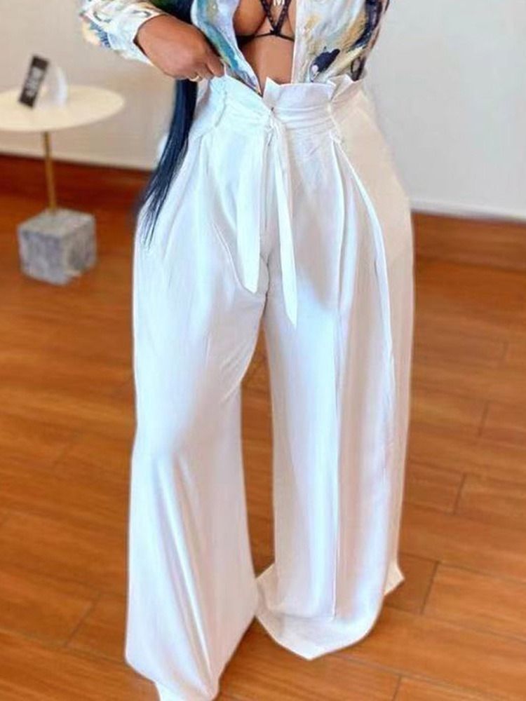 Calça De Renda Lisa E Solta De Cintura Alta Casual Feminina