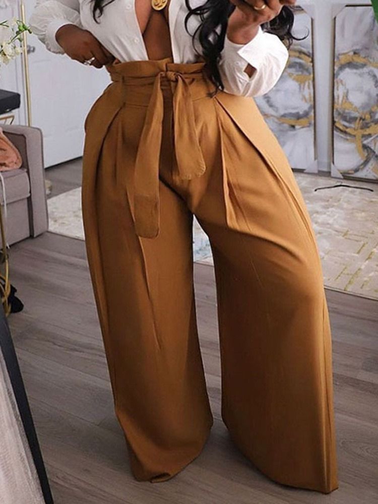 Calça De Renda Lisa E Solta De Cintura Alta Casual Feminina
