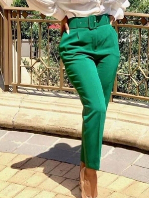 Calças Casuais Femininas Com Cinto Fino Liso E Cintura Alta Harem