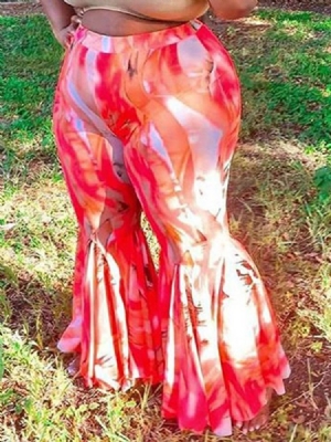 Calças Casuais Femininas Com Estampa Em Bloco De Cores Finas Bellbottoms De Comprimento Total