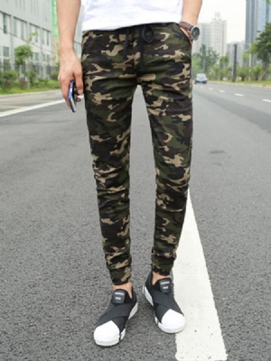 Calças Casuais Masculinas Com Estampa A Lápis Camuflagem Com Cordões