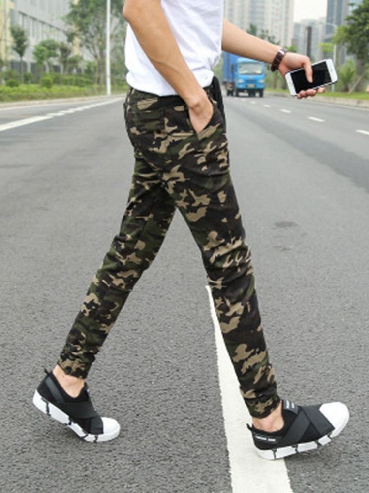 Calças Casuais Masculinas Com Estampa A Lápis Camuflagem Com Cordões