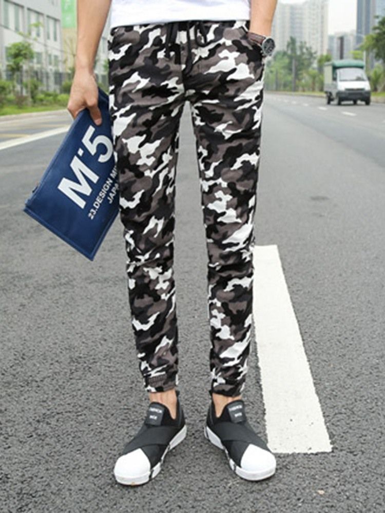 Calças Casuais Masculinas Com Estampa A Lápis Camuflagem Com Cordões