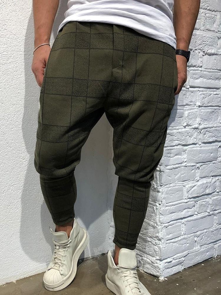 Calças Casuais Masculinas Com Estampa Xadrez A Lápis Estilo Cintura Média