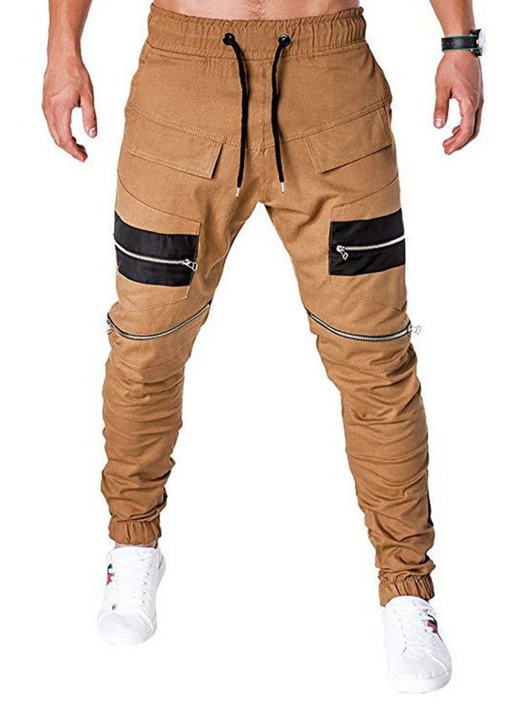 Calças Casuais Masculinas Com Zíper Em Bloco De Cor Com Cordões E Cintura Baixa