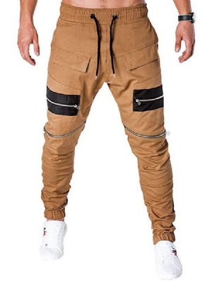 Calças Casuais Masculinas Com Zíper Em Bloco De Cor Com Cordões E Cintura Baixa