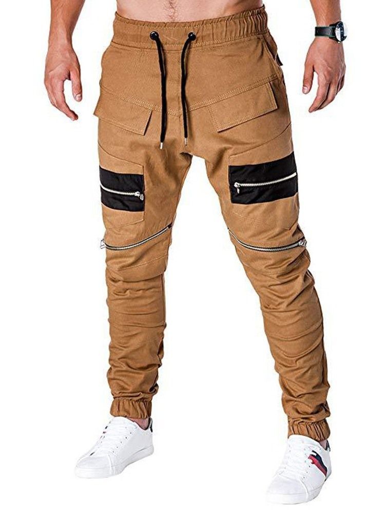 Calças Casuais Masculinas Com Zíper Em Bloco De Cor Com Cordões E Cintura Baixa