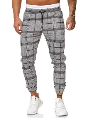 Calças Casuais Masculinas Harem Xadrez De Cintura Média Com Cordões