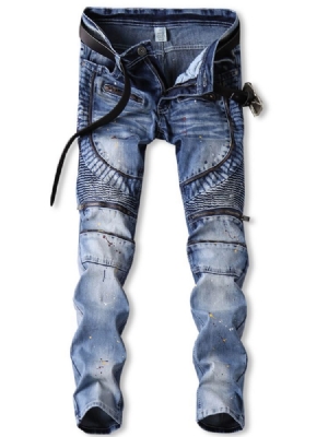 Calças Exclusivas Masculinas Cor Block Denim Zip Cintura Média