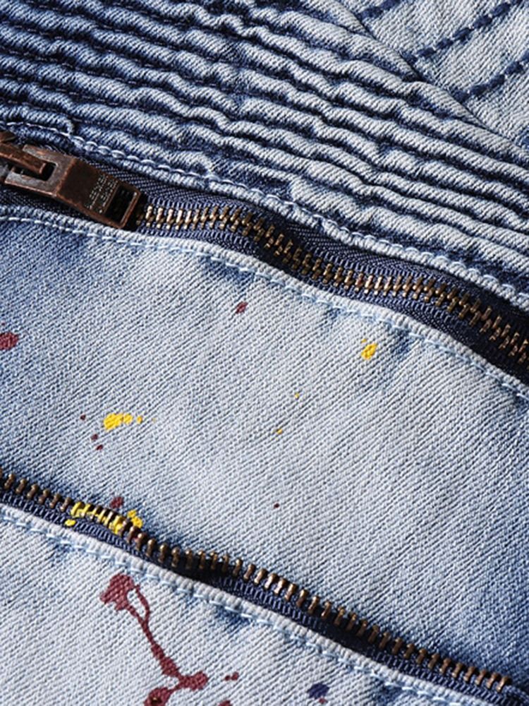 Calças Exclusivas Masculinas Cor Block Denim Zip Cintura Média
