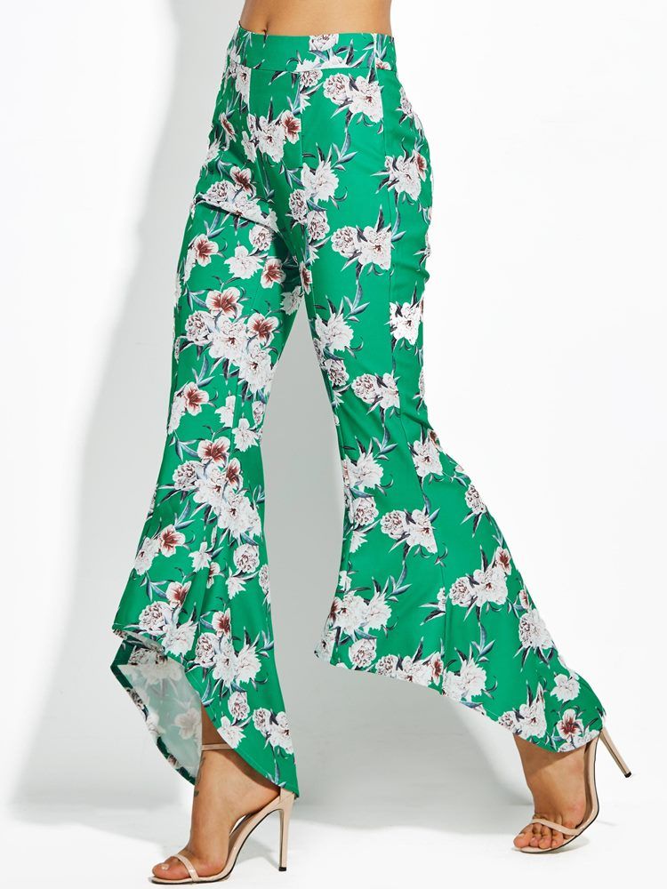 Calças Femininas Com Estampa Floral Em Bloco Colorido