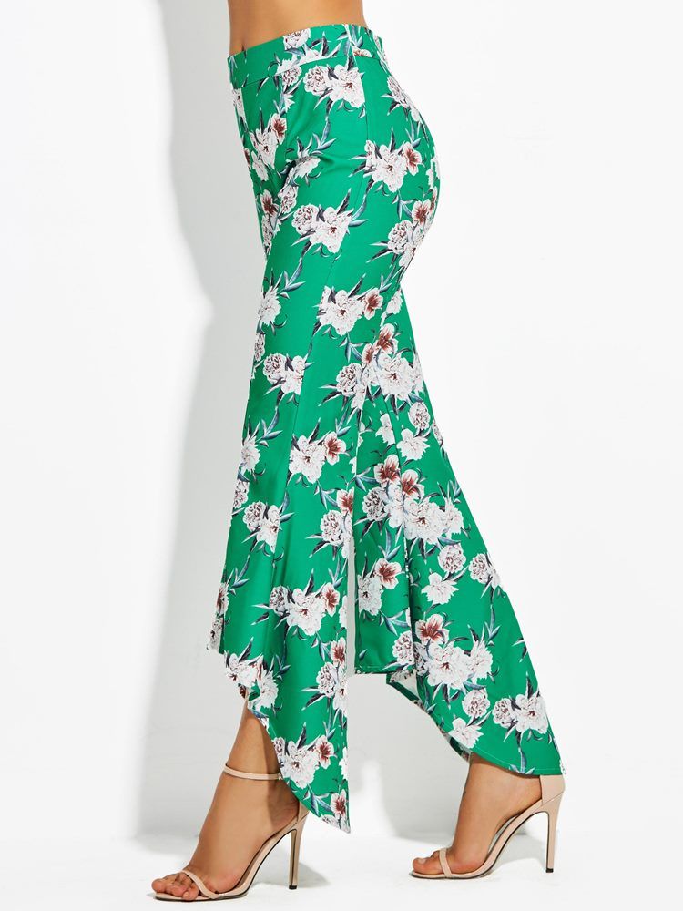 Calças Femininas Com Estampa Floral Em Bloco Colorido