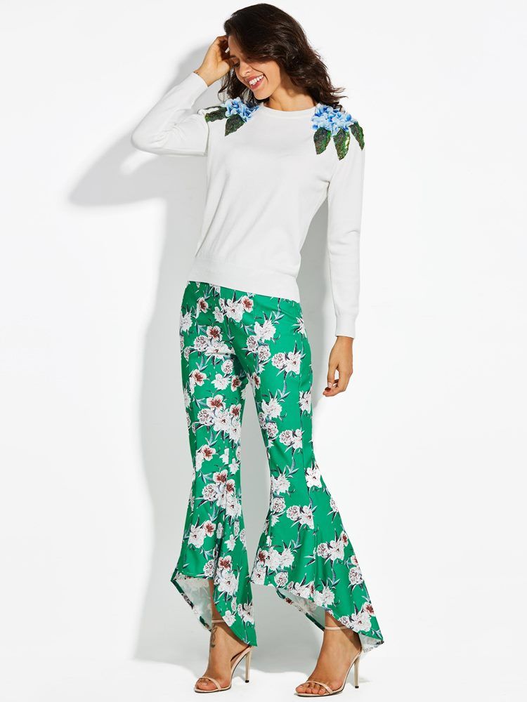 Calças Femininas Com Estampa Floral Em Bloco Colorido