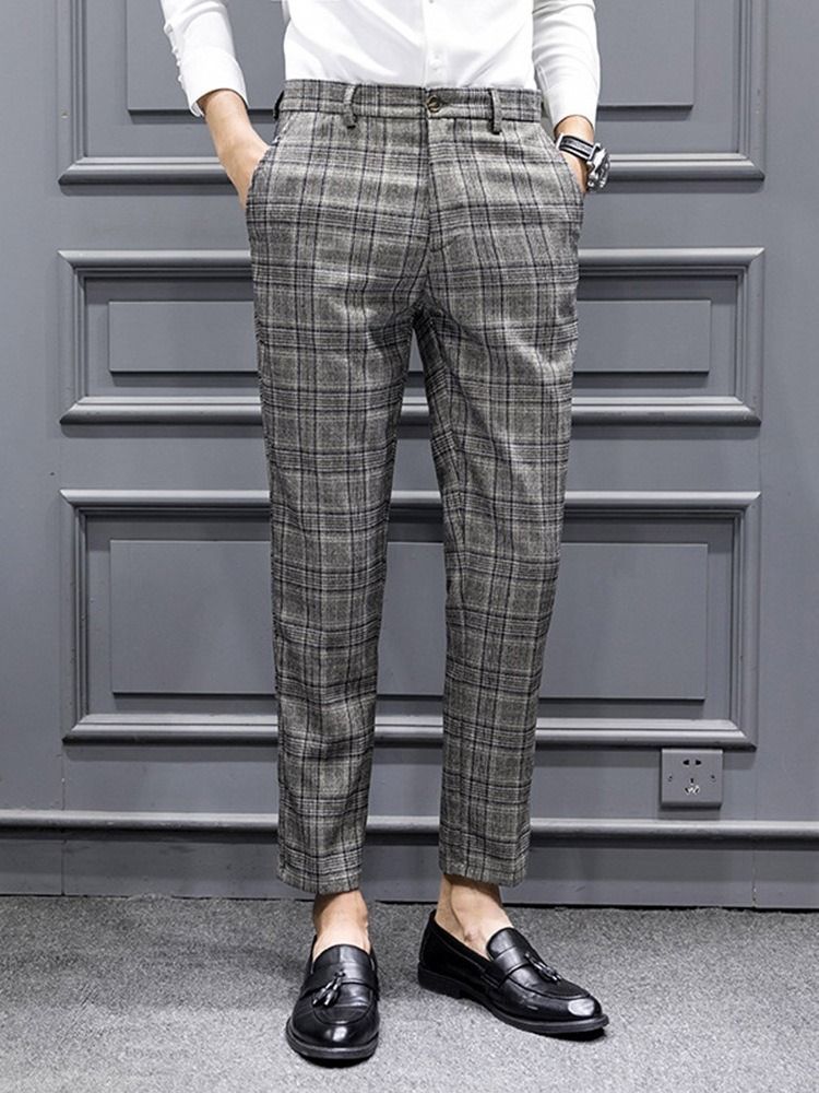Calças Lápis Xadrez Estampado Calças Masculinas Casual Coreano