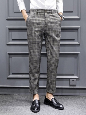 Calças Lápis Xadrez Estampado Calças Masculinas Casual Coreano