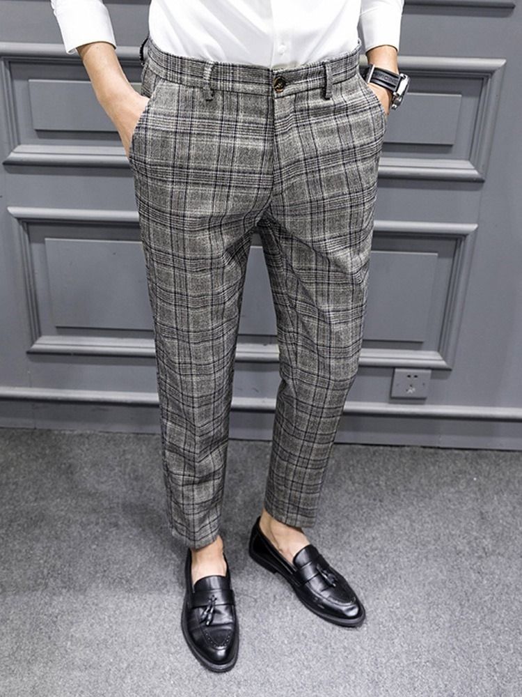 Calças Lápis Xadrez Estampado Calças Masculinas Casual Coreano