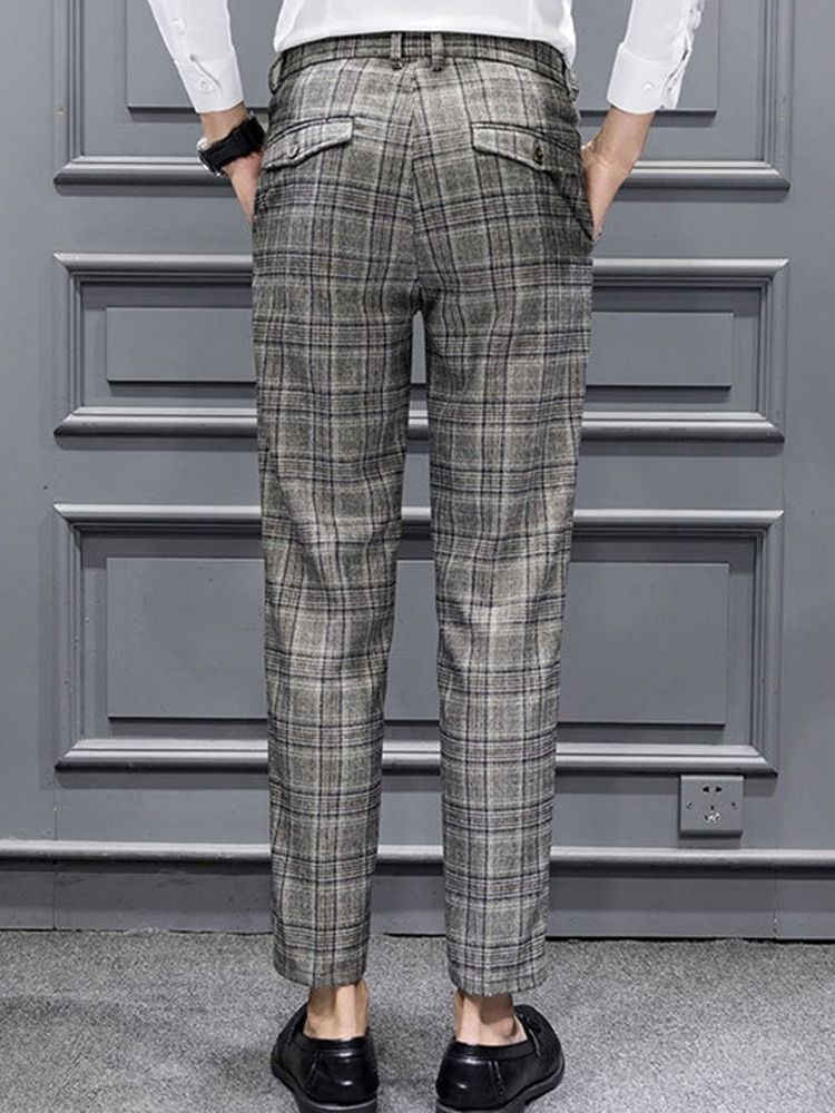 Calças Lápis Xadrez Estampado Calças Masculinas Casual Coreano
