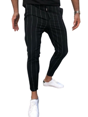 Calças Masculinas Casuais De Listra Fina Em Patchwork De Cintura Média Outono