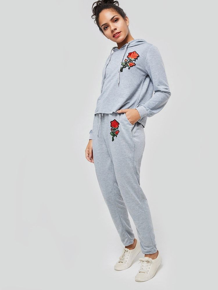 Calças Soltas Femininas Bordadas Florais Simples Casual