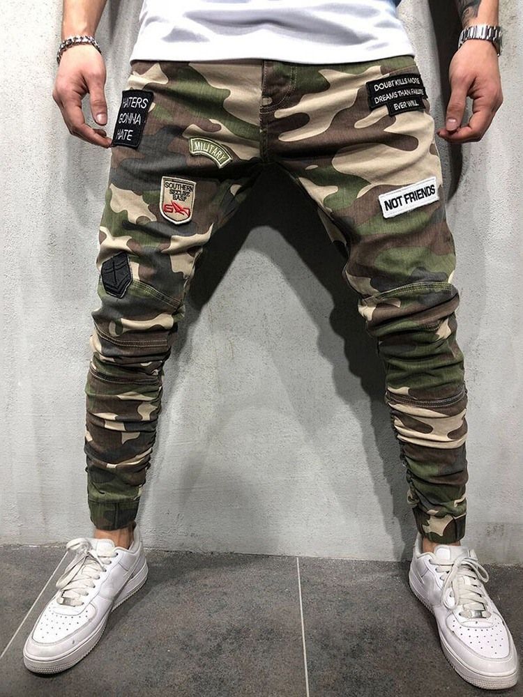 Lápis De Camuflagem Masculina Apliques Com Zíper Calça Casual Europeia