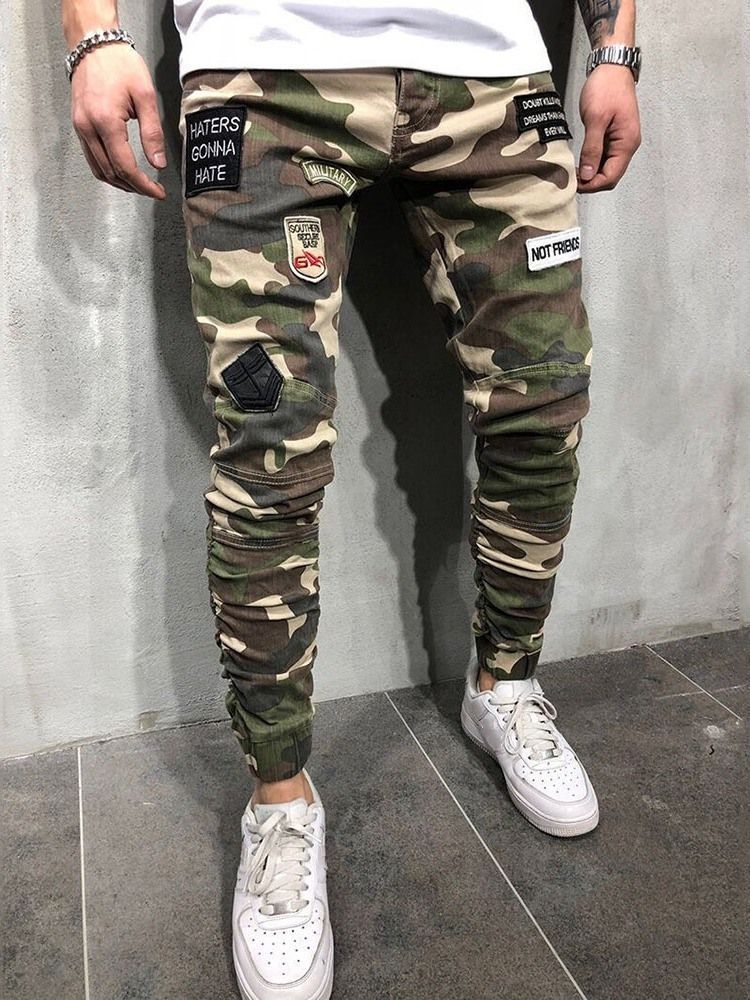 Lápis De Camuflagem Masculina Apliques Com Zíper Calça Casual Europeia