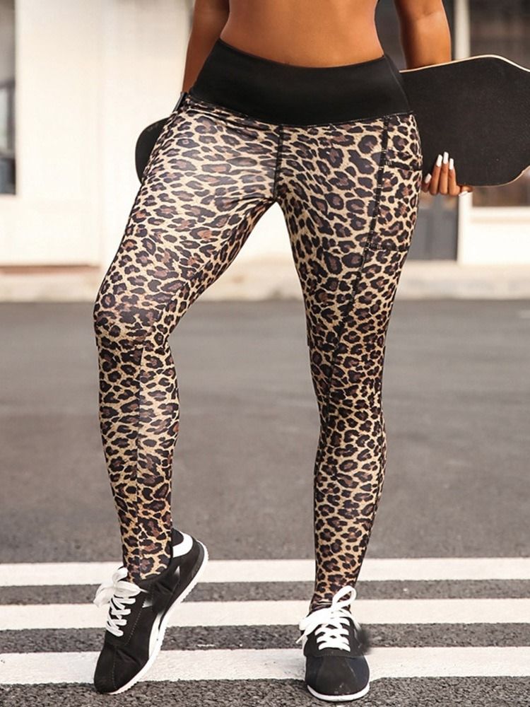 Leggings Esportivos Femininos Leopardo De Cintura Alta Com Bolso Alto