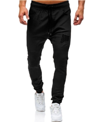 Patchwork Lace Up Micro-elastic Calça Casual Masculina