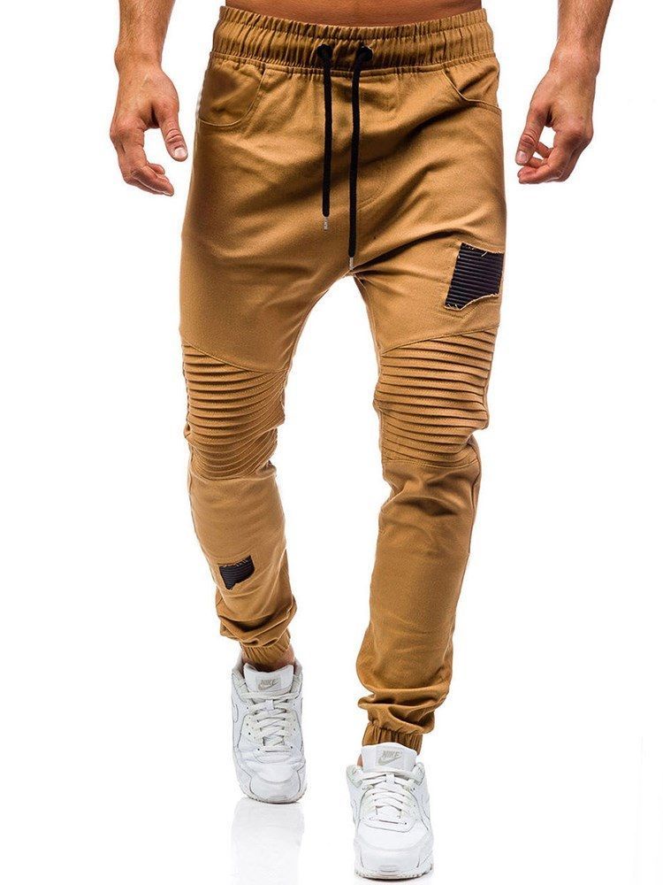Patchwork Lace Up Micro-elastic Calça Casual Masculina