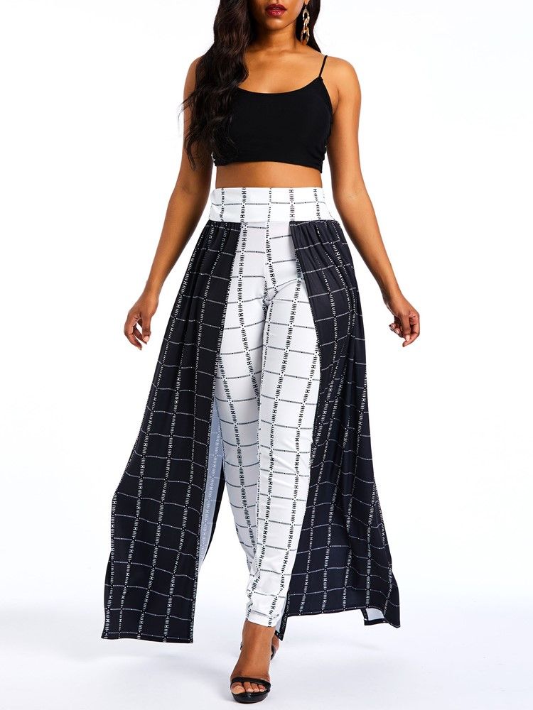 Sobreposição De Patchwork Calça Feminina Xadrez Em Bloco De Cor Embelezada