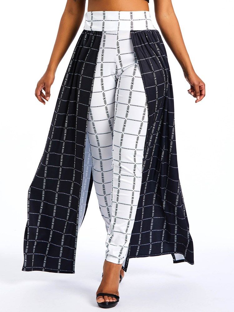 Sobreposição De Patchwork Calça Feminina Xadrez Em Bloco De Cor Embelezada
