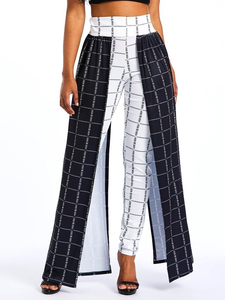 Sobreposição De Patchwork Calça Feminina Xadrez Em Bloco De Cor Embelezada