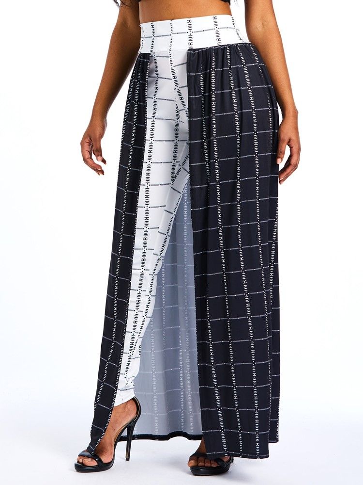 Sobreposição De Patchwork Calça Feminina Xadrez Em Bloco De Cor Embelezada