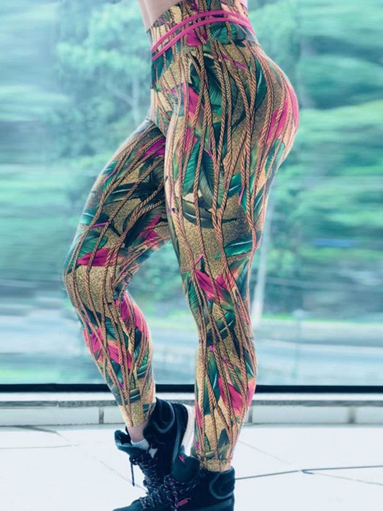 Calças Femininas Anti-suor Estampado De Poliéster De Comprimento Total Leggings Tiktok De Cintura Alta