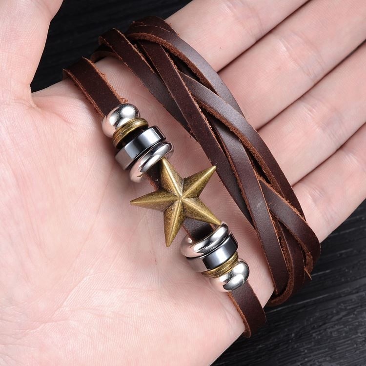 Bracelete De Couro Masculino Decorado Com Estrelas De Cinco Pontas