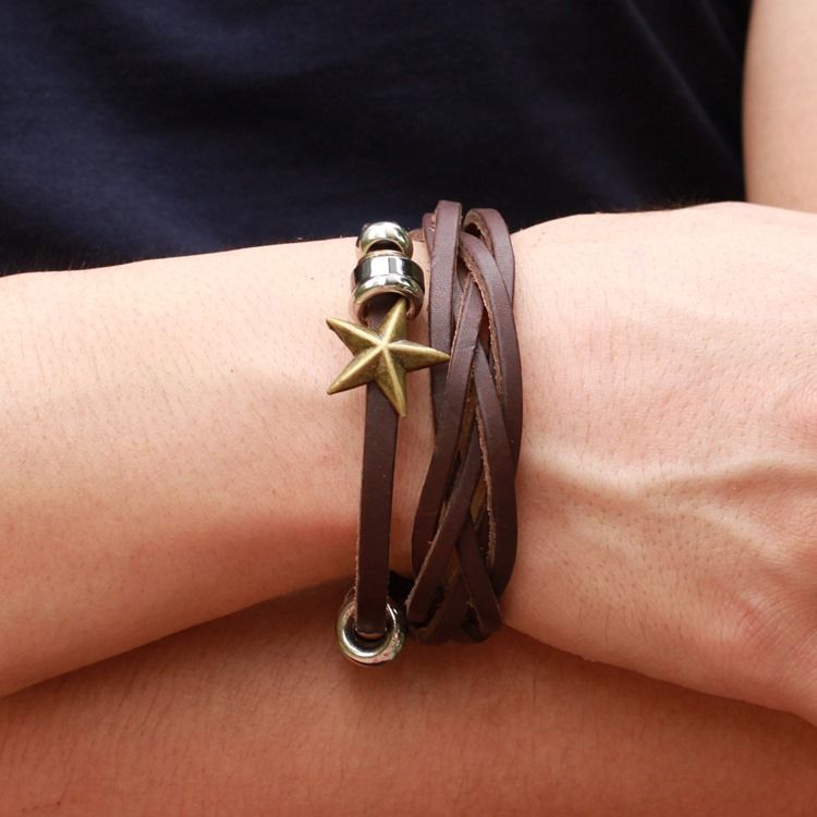 Bracelete De Couro Masculino Decorado Com Estrelas De Cinco Pontas