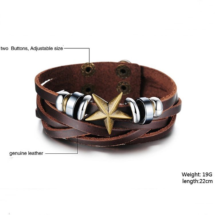 Bracelete De Couro Masculino Decorado Com Estrelas De Cinco Pontas