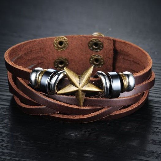 Bracelete De Couro Masculino Decorado Com Estrelas De Cinco Pontas