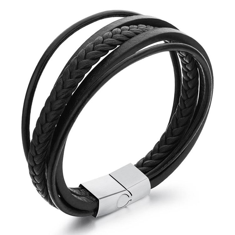 Pulseira De Couro Preto Multicamada Para Homens