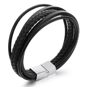 Pulseira De Couro Preto Multicamada Para Homens