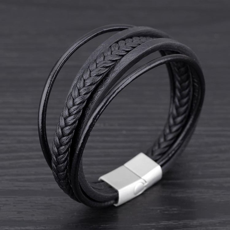 Pulseira De Couro Preto Multicamada Para Homens