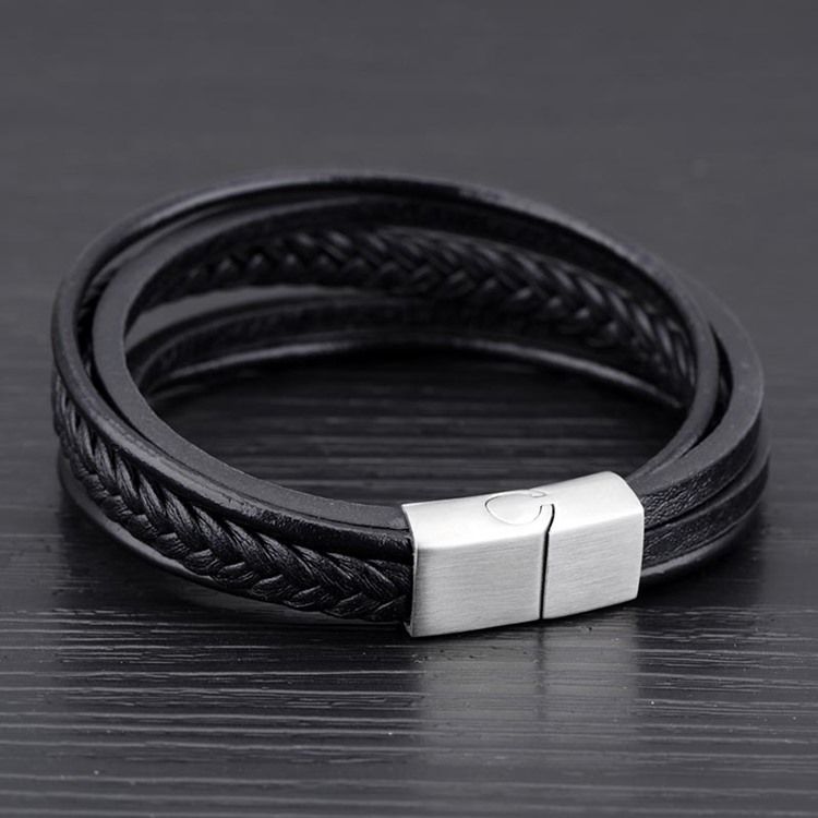 Pulseira De Couro Preto Multicamada Para Homens