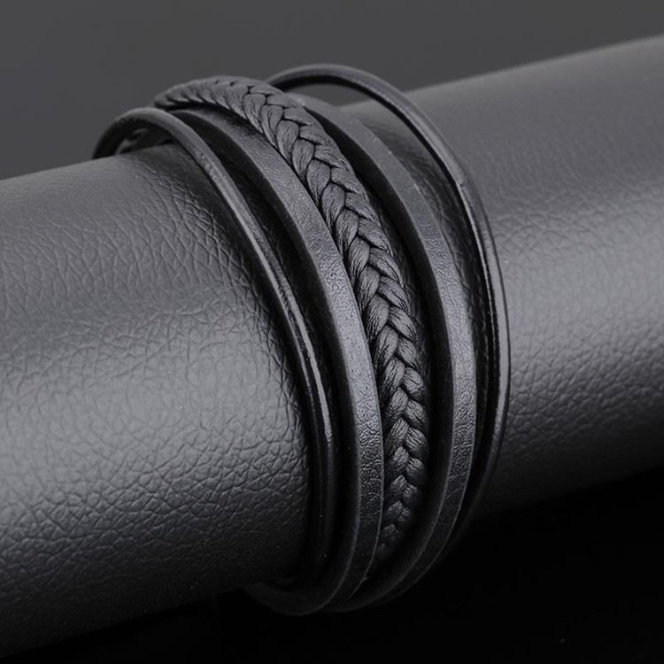Pulseira De Couro Preto Multicamada Para Homens