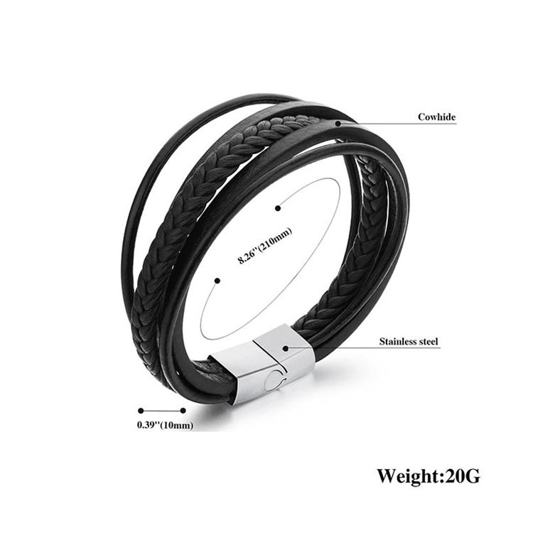 Pulseira De Couro Preto Multicamada Para Homens