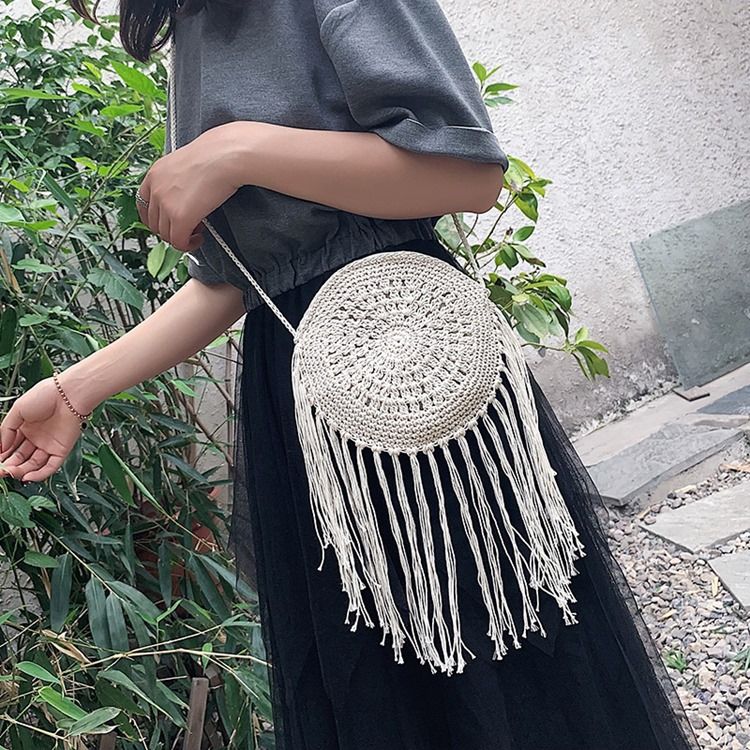 Mala Crossbody Circular Simples Tricotada De Grama