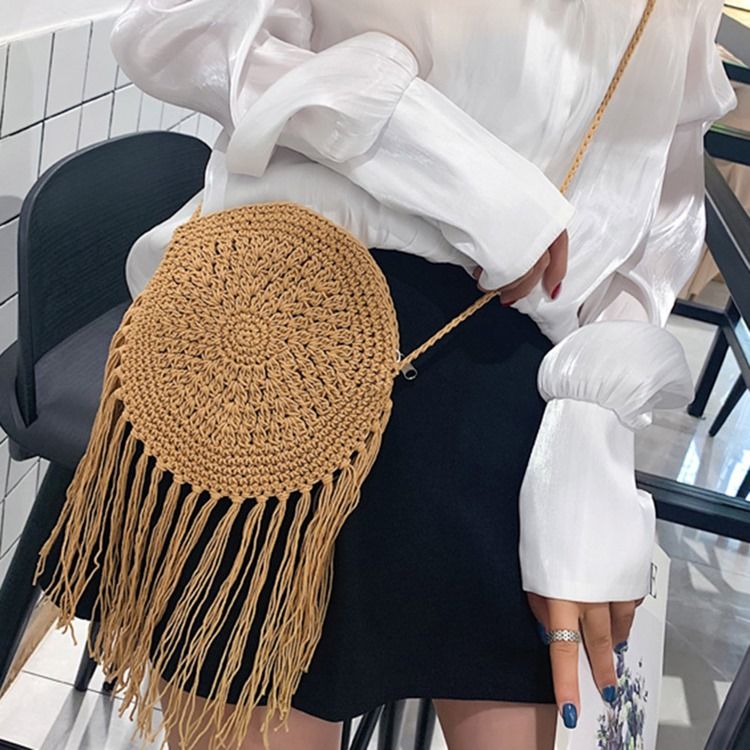 Mala Crossbody Circular Simples Tricotada De Grama