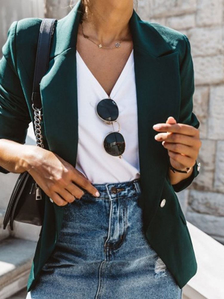 Blazer Feminino Liso De Manga Comprida Entalhado Lapela Padrão Regular Casual