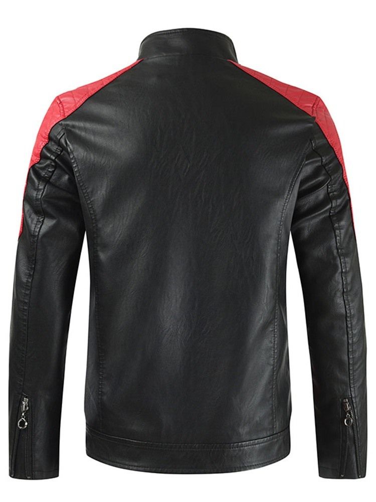Bloco De Cores Masculino Gola Padrão Patchwork Jaqueta De Couro Casual
