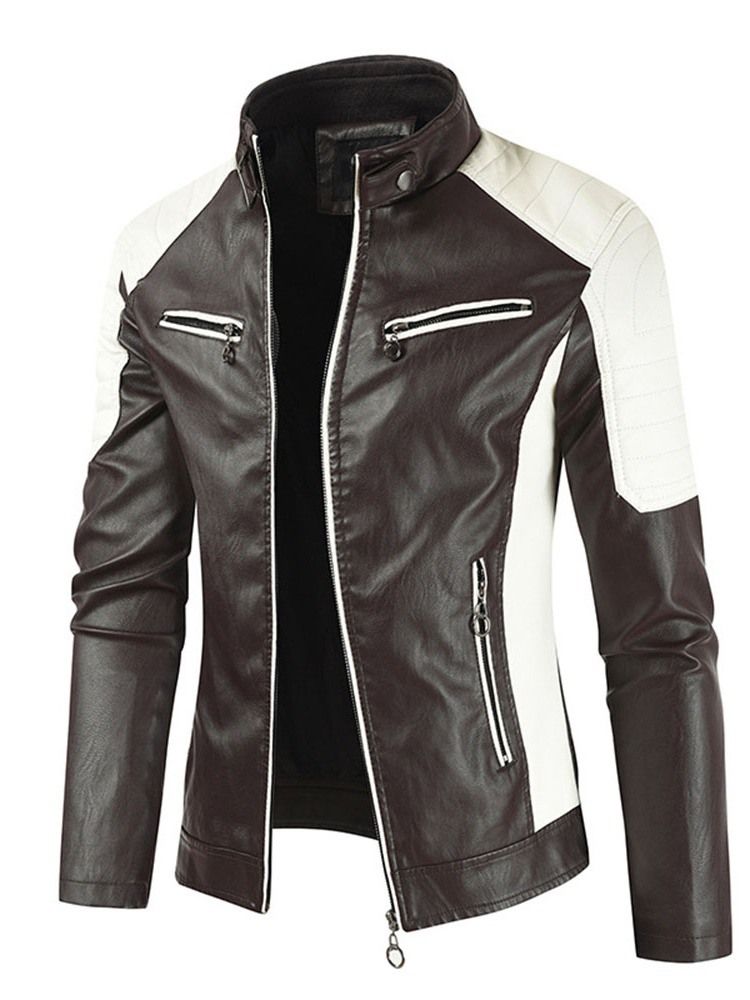 Bloco De Cores Masculino Gola Padrão Patchwork Jaqueta De Couro Casual